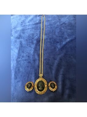 R.J. Graziano Signed Black Onyx Cameo Filigree Necklace and Earrings (Clip on)